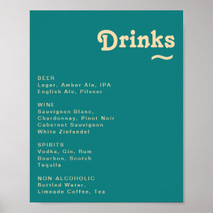 Póster Modern Retro   Teal Wedding Drinks Menu Sign