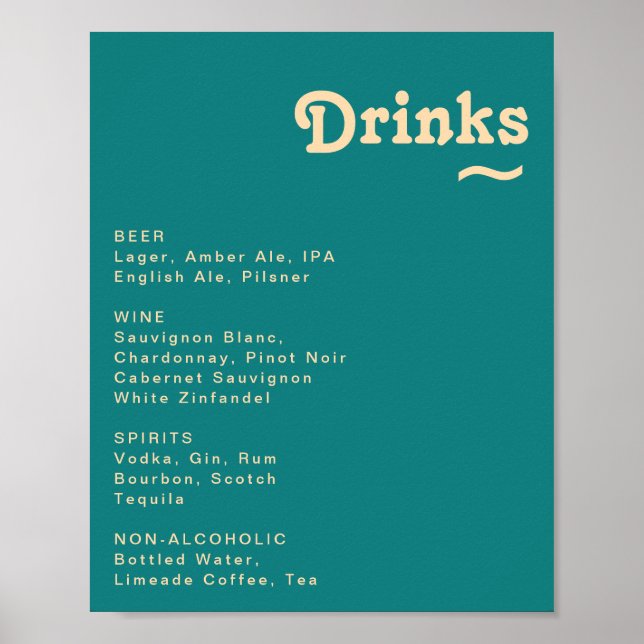 Póster Modern Retro | Teal Wedding Drinks Menu Sign (Frente)