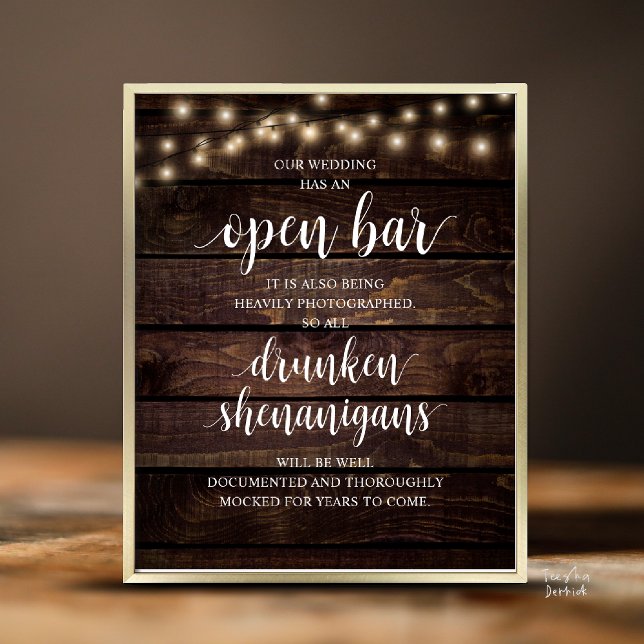 Póster Modern Rustic Wedding Open Bar Drunken Shenanigans (Modern Rustic Wedding Open Bar Drunken Shenanigans Poster in Cottage Dark Wood, String Lights)