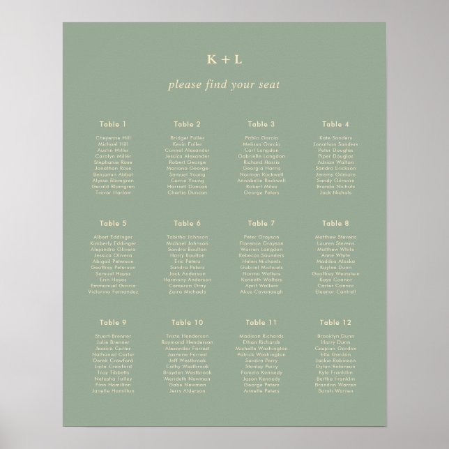 Póster Modern Sage Green Simple Wedding Seating Chart (Frente)