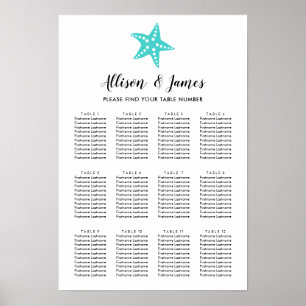 Póster Modern Starfish Wedding Seating Chart Sign, Aqua