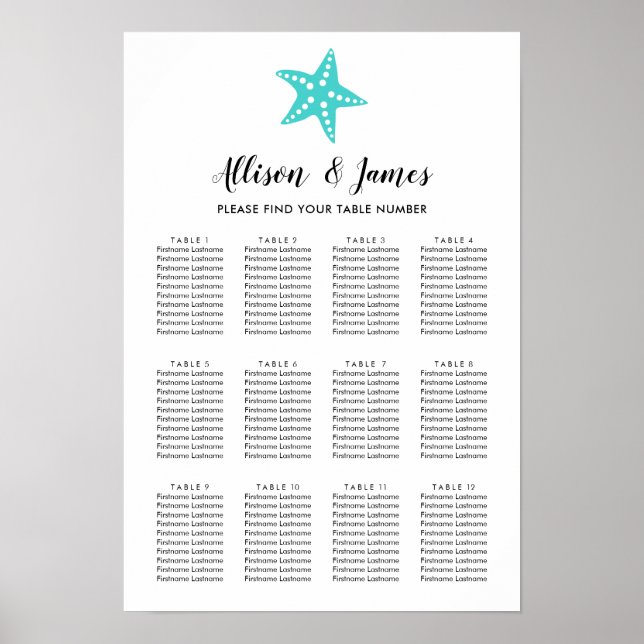 Póster Modern Starfish Wedding Seating Chart Sign, Aqua (Frente)