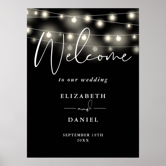 Póster Modern String Lights Wedding Welcome Sign (Frente)