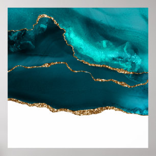 Póster Modern Stylish Teal & Gold Agate on White