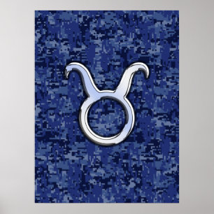 Póster Modern Taurus Zodiac Sign Navy Blue Digital Camo