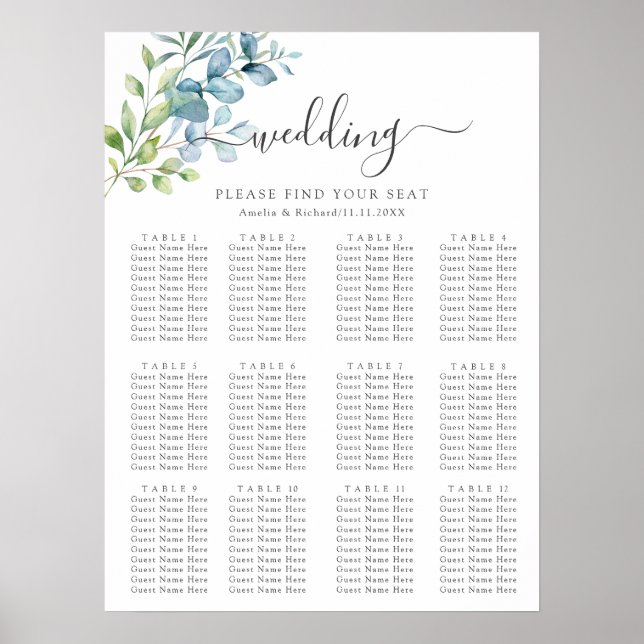 Póster Modern Watercolor Eucalyptus Greenery Wedding (Frente)