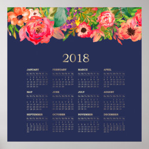 Póster Modern Watercolor Floral 2018 Calendar