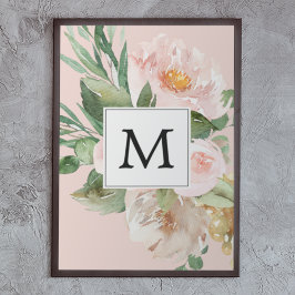 Póster Modern Watercolor Pink Flowers Monogrammed