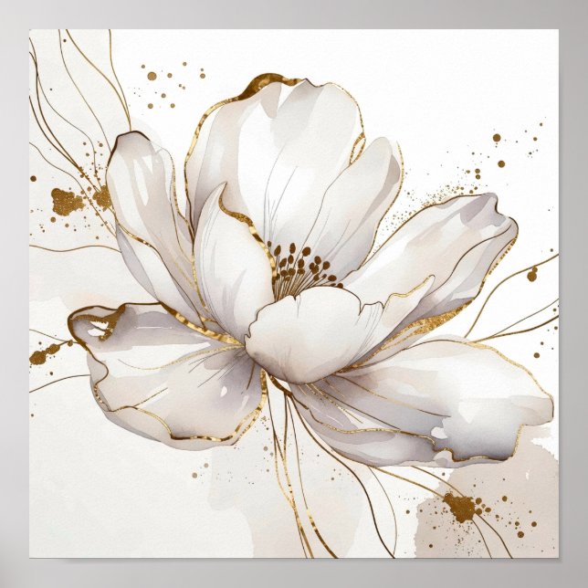 Póster Modern White Magnolia Gold Line Art Floral Wedding (Frente)