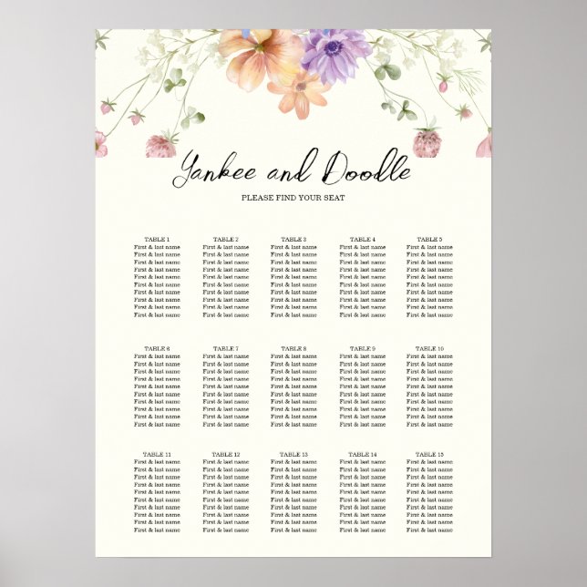 Póster Modern wildflowers spring wedding Seating Chart (Frente)