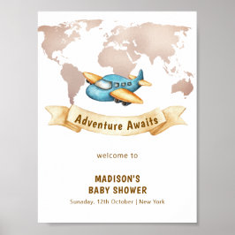 Póster Modern World Map Airplane Boy Baby Shower Welcome