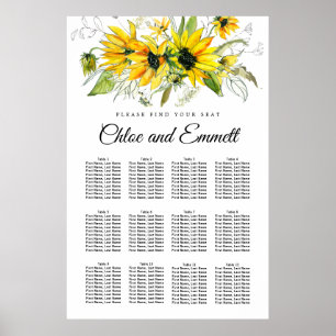 Póster Modern Yellow Sunflower 12-Table Seating Chart
