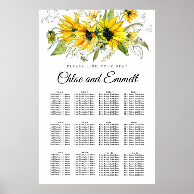 Póster Modern Yellow Sunflower 12-Table Seating Chart (Frente)