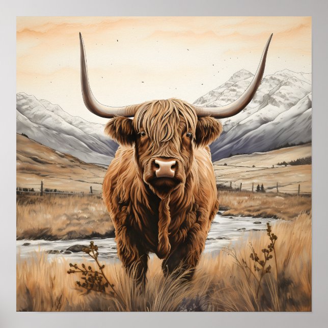 Póster Moderna acuarela poster de vaca en las tierras alt (Frente)