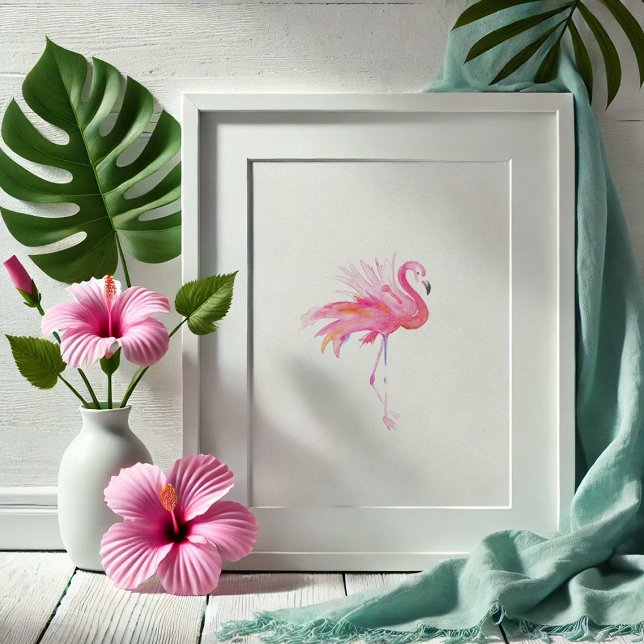 Póster Moderna acuarela tropical Flamingo rosa (watercolor paintings pink flamingo art by Victoria Grigaliunas of Do Tell A Belle)