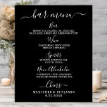 Póster Moderna barra Boda negra Menú de bebidas personali<br><div class="desc">Menú de barras. Sencillo pero elegante caligrafía, este cartel de bar de bebidas boda incluye cuatro bebidas: "Cerveza", "Vino", "Espíritu" y "No Alcohólico", personalizadas con las bebidas que elijas. Personalizar este elegante cartel de boda con sus nombres y menú de bebidas del bar boda! DERECHOS RESERVADOS © 2020 Judy Burrows,...</div>