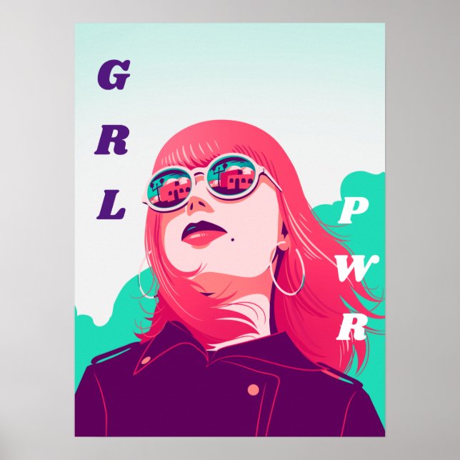 Póster Moderna Chica feminista pelo rosa GRL Power PWR Gu (Frente)