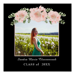 Póster Moderna, clase de graduación floral de flores rosa