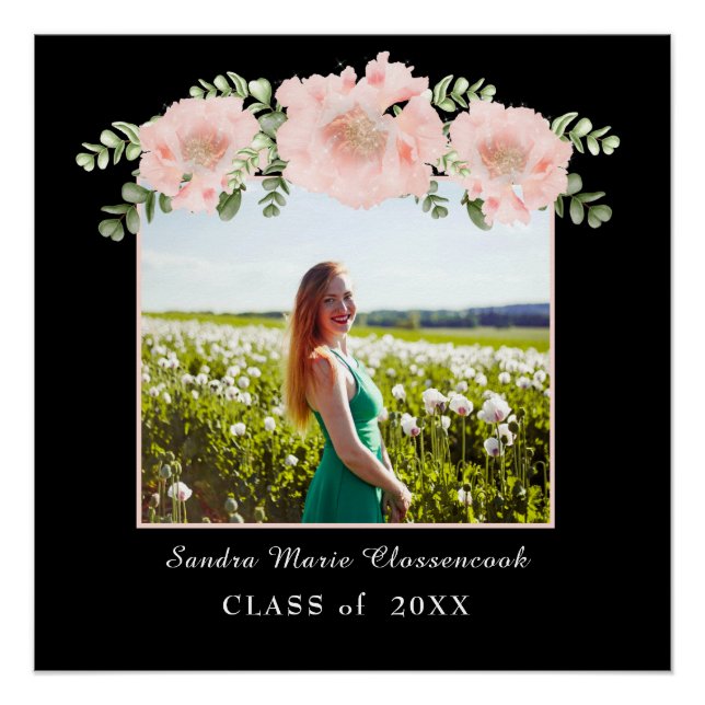 Póster Moderna, clase de graduación floral de flores rosa (Anverso)