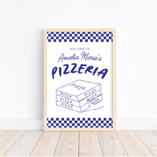 Póster Moderna Fiesta Retro Azul Italiano Pizzeria Pizza