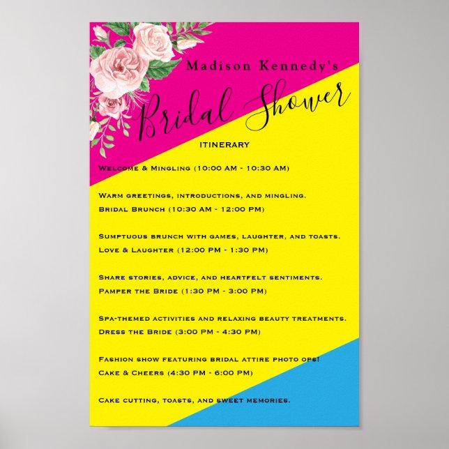 Póster Moderna Floral 💍 Bridal Shower Itinerario (Frente)