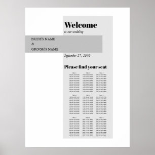Póster Moderna tabla de asientos de Boda blanco y negro