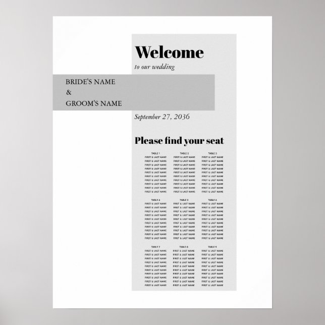 Póster Moderna tabla de asientos de Boda blanco y negro (Frente)