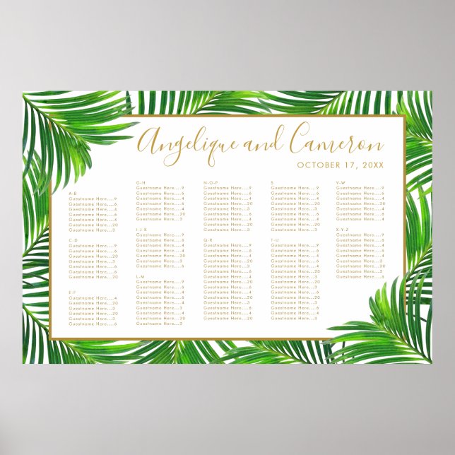 Póster Moderna tabla de asientos de casamiento de Palm Le (Frente)