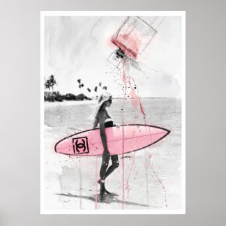 Póster Moderne Fashion Collage: Surferin am Strand mit ro