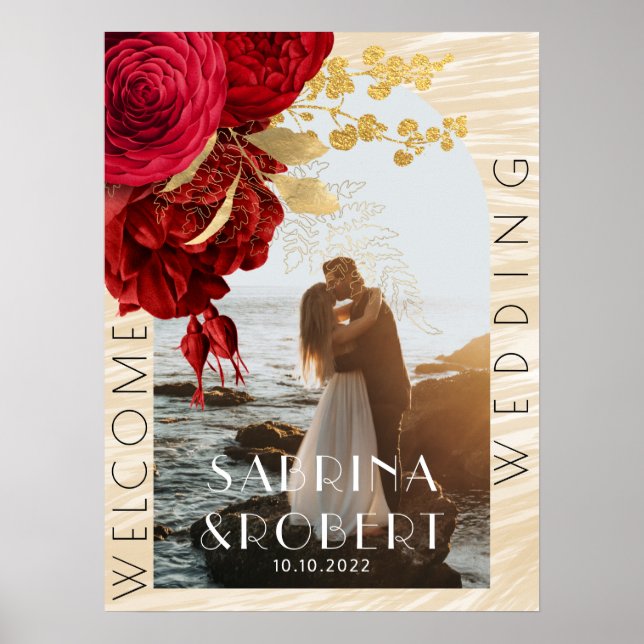 Póster Moderno Arco Foto Borgoña Floral Bienvenida Boda (Frente)