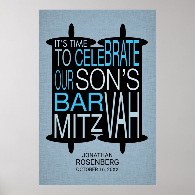 Póster Moderno bar Torah Mitzvah Poster Gris y Azul (Frente)