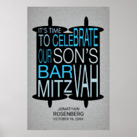 Moderno bar Torah Mitzvah Poster Gris y Azul
