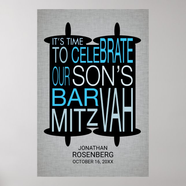 Póster Moderno bar Torah Mitzvah Poster Gris y Azul (Frente)
