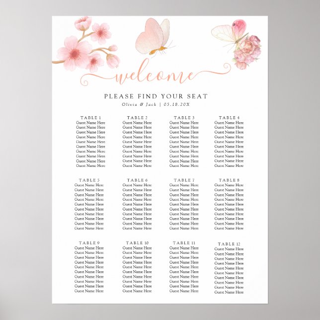 Póster Moderno Boda de verano floral y mariposa rosa suav (Frente)