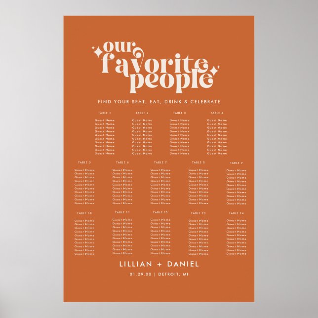 Póster Moderno Boda Retro Naranja 14 Tabla de asientos (Frente)