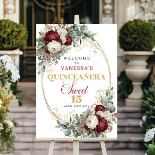 Póster Moderno Burgundy Floral Dorado Boho Quinceanera Bi