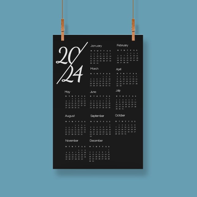 Póster Moderno Calendario Elegante 2024 Blanco Y Negro (Modern Elegant 2024 Calendar Black And White Poster)