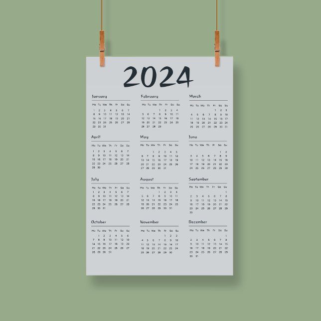 Póster Moderno Calendario Elegante 2024 Blanco Y Negro (Modern Elegant 2024 Calendar Black And White Poster)