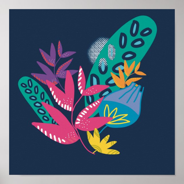 Póster moderno floral azul botánico simple (Frente)