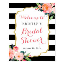 Moderno Floral Black Stripes Bridal Shower Rótulo