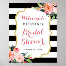 Póster Moderno Floral Black Stripes Bridal Shower Rótulo