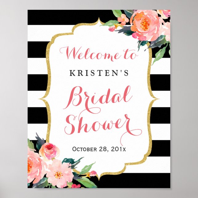 Póster Moderno Floral Black Stripes Bridal Shower Rótulo (Frente)