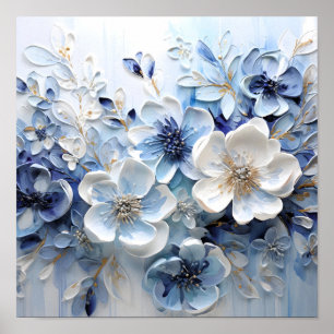 Póster Moderno Floral Botánico Azul Blanco Elegante