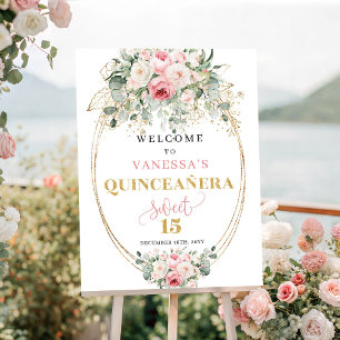 Póster Moderno floral de quinceañera rosa polvoriento dor