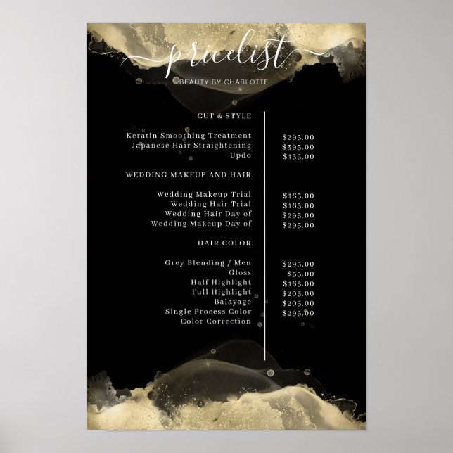 Póster Moderno Gold Black Watercolor Pricelist (Frente)