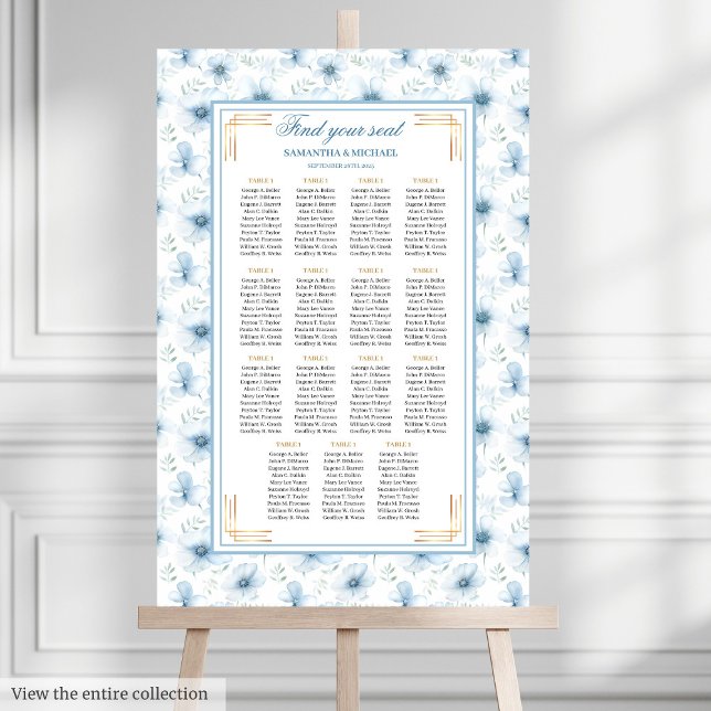 Póster Moderno gráfico de asientos de Purpurina Boho Past (Modern Boho Pastel Blue Gold Glitter Seating Chart)