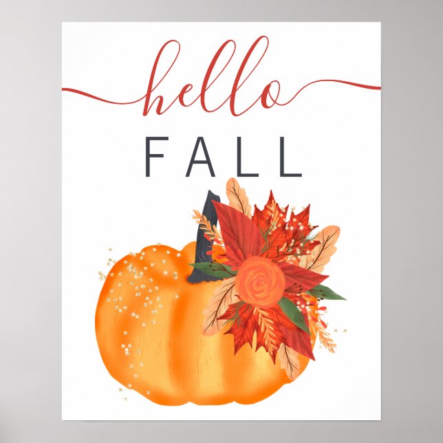 Póster Moderno hola otoño floral tipografía de calabaza (Frente)