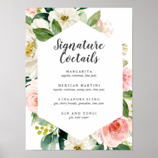 Póster Moderno menú de cócteles con firma floral rosa Rub