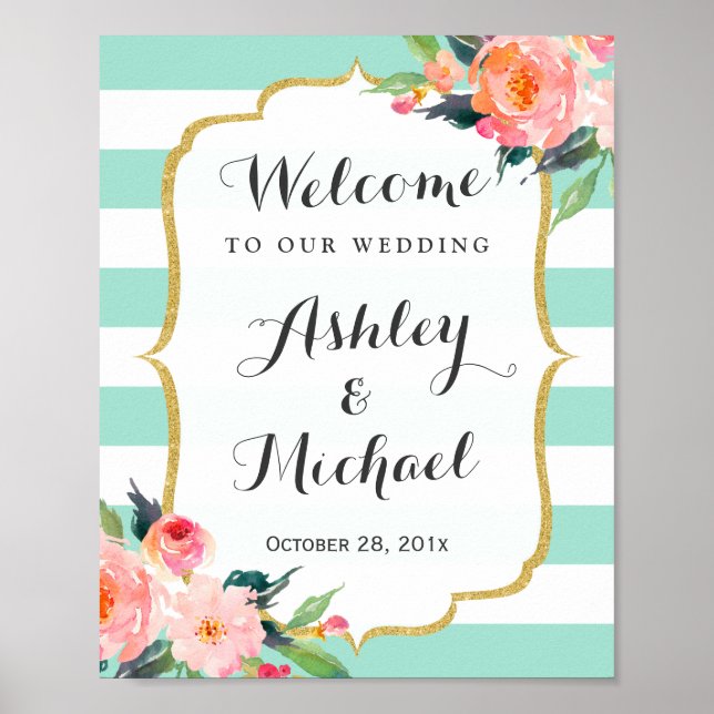Póster Moderno Mint Green Stripes Floral Deco Rótulo Boda (Frente)