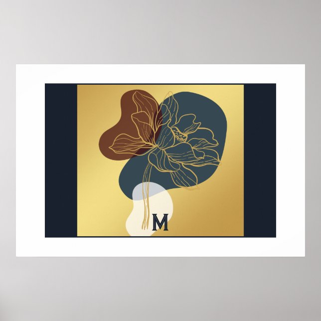 Póster Moderno Monograma Gold Whimsical Floral (Frente)